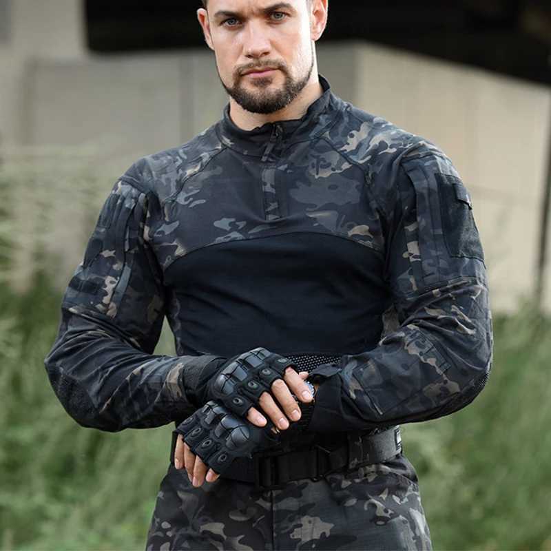 Mens Summer Breathable Long Sleeve T-shirts Outdoor Stand Collar Sports Tactical Camouflage Shirts Quick Dry Frog Slim Fit Tops Y250724