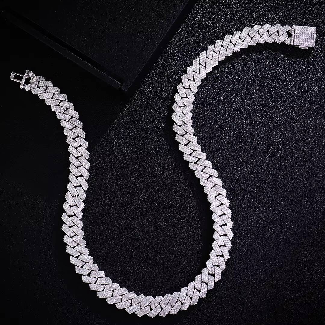 Mens 15mm 3-Row Moissanite IcedOut Cuban Chain 18K Gold Plated 925 Silver All Sizes Necklace