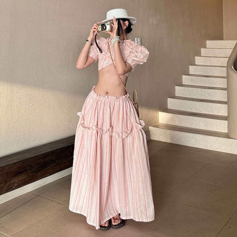 2025 Summer New Style Off-Shoulder Hollow Out Bustier Top Loose Draped Midi Skirt Women's Fashion a63