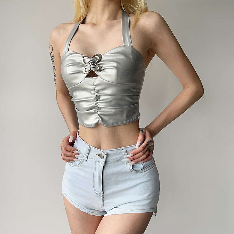 2023 Summer New Women's Solid Color Sexy Halter Neck Fashion Butterfly Crop Top db3