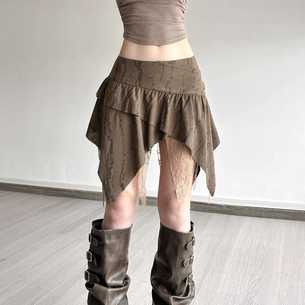 2025 Summer New Pure Desire Ins Style Irregular High Waist Solid Color Lace Trim Slim Fit Half Skirt for Women db2