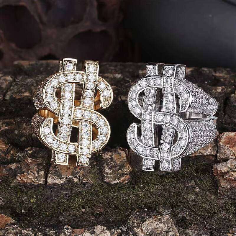 Fashion US Dollar Sign Rappers Hip Hop Style Cuban Link Ring Gold Plated Sterling Sier Moissanite Rings for Men