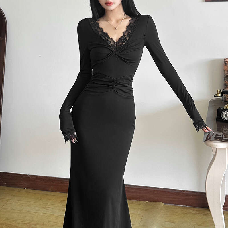 2024 Autumn New Women's Solid Color Slim Fashion V-neck Lace Trim Long Sleeve Dress a33