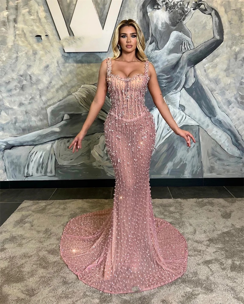 Luxury Evening Dresses For Women Square Neck Spaghetti Strap Sleeveless Gown Rhinestone Sequins Sweep Train Dress Party Customized Dress