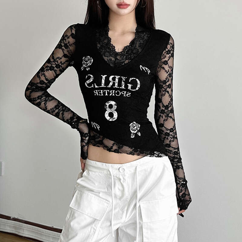 2024 Autumn New Women's Fashion Solid Color Slim Street Style V-Neck Long Sleeve Printed Top 55b