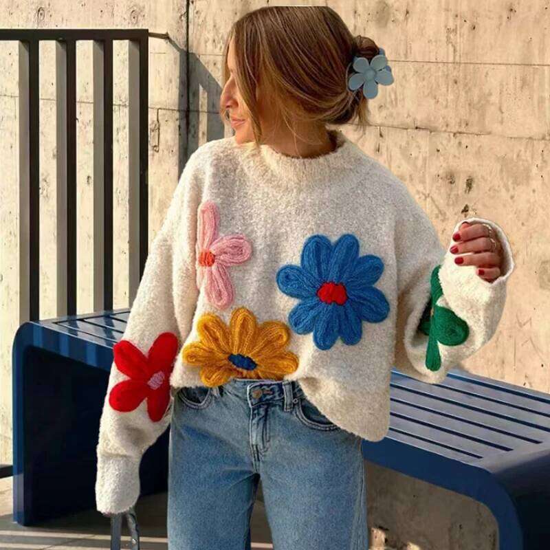 Long Sleeved Outwear Warm Loose Jumper Streetwear Women's Knit Casual Sweaters Flowers Decorative Top Pullovers Knitwear