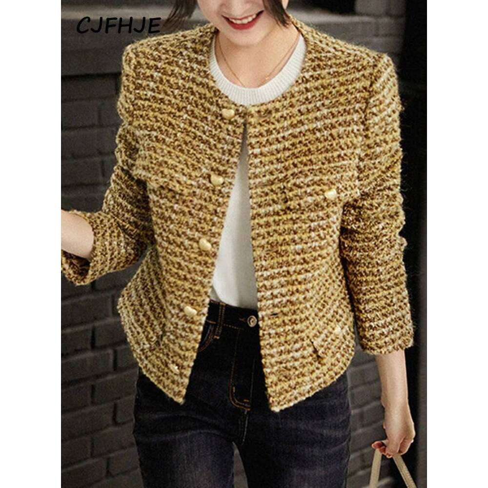 Designer Clothing 2025 CJFHJE Women's Gold Short Woolen Autumn Winter New Korean Fashion Tweed Coat Elegant Retro Female OL Outwear Wool Jacket