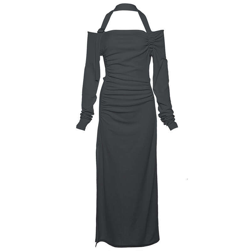 2023 Autumn New Women's Solid Color Slim Fit Fashion Off-Shoulder Long Sleeve Split Dress d74