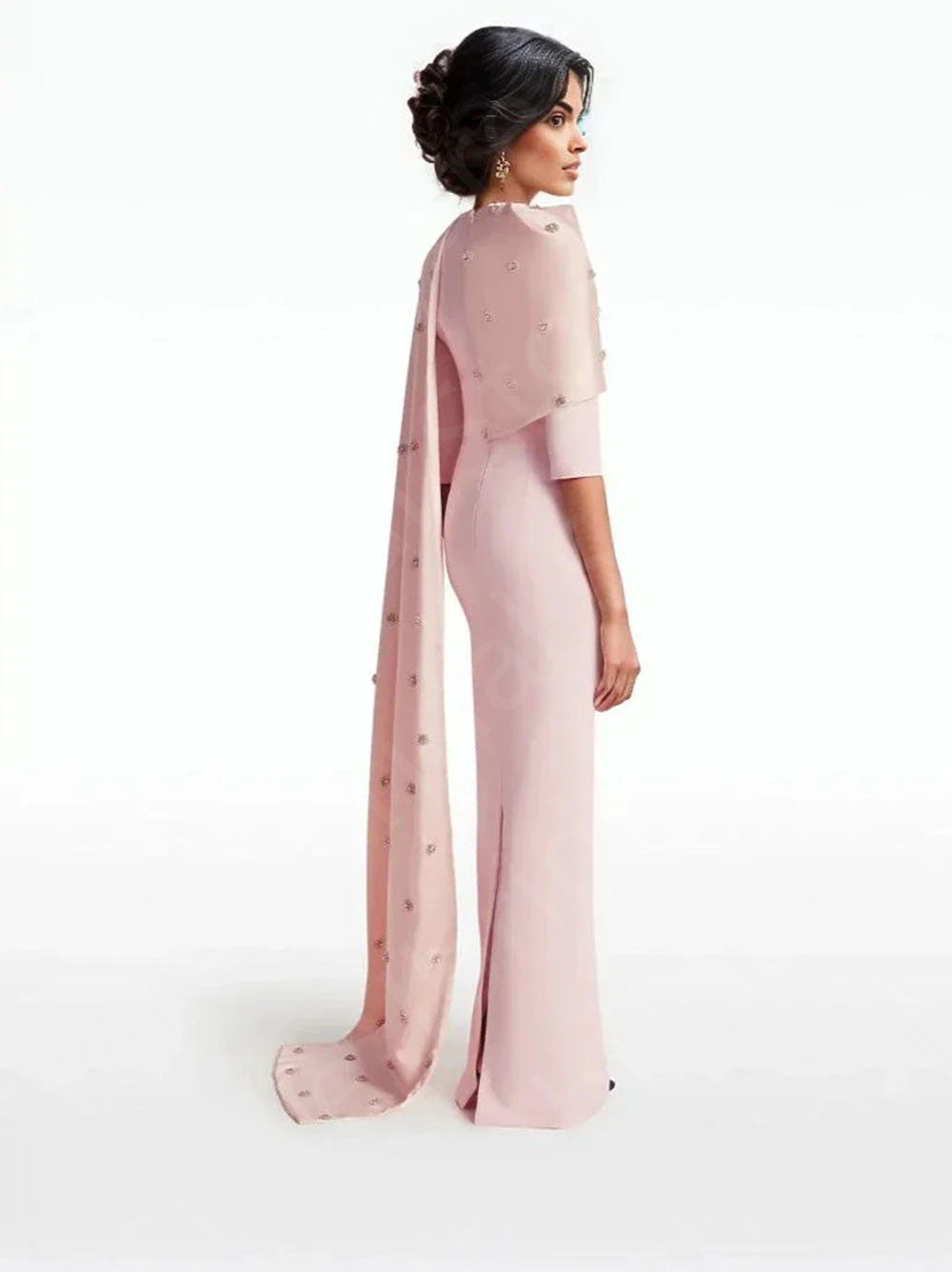Pale Pink Evening Dresses with Cape Arabic Prom Gowns 3/4 Sleeves Long Dress Middle East Crystal Beaded