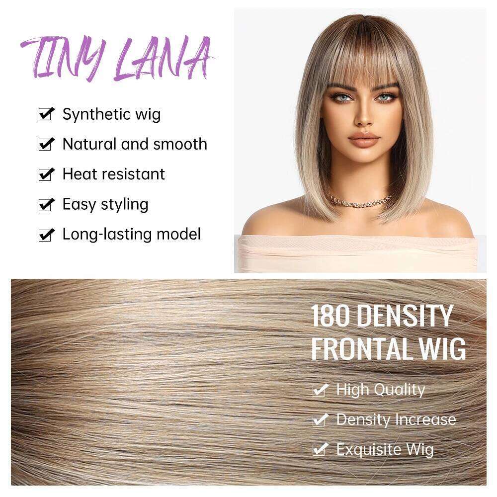 Light Brown Blonde Synthetic With Bangs For Women Human Hair Short Bob Daily Straight Wigs Fake Hair Cosplay Halloween Heat Resistant
