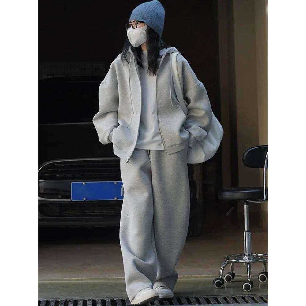 Spring Autumn Fashion Two-Piece Set Women Grey Tracksuit Hooded Sweatshirt Coat+Drawstring Wide Leg Sweatpants Sport Suits