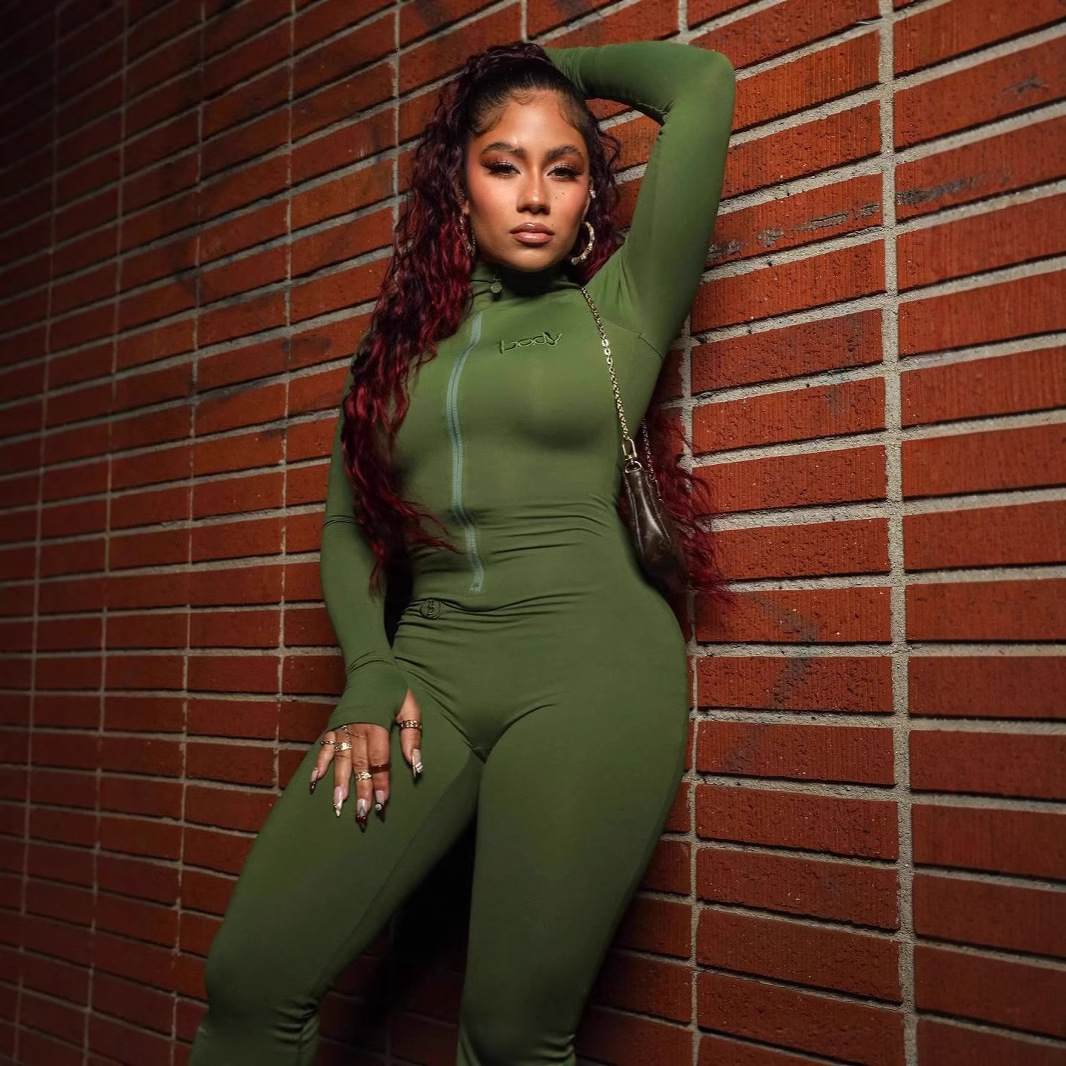 New Fashion Womens Clothing Sexy Street Style Solid Color Zipper Long Sleeve Round Neck Jumpsuit for Women