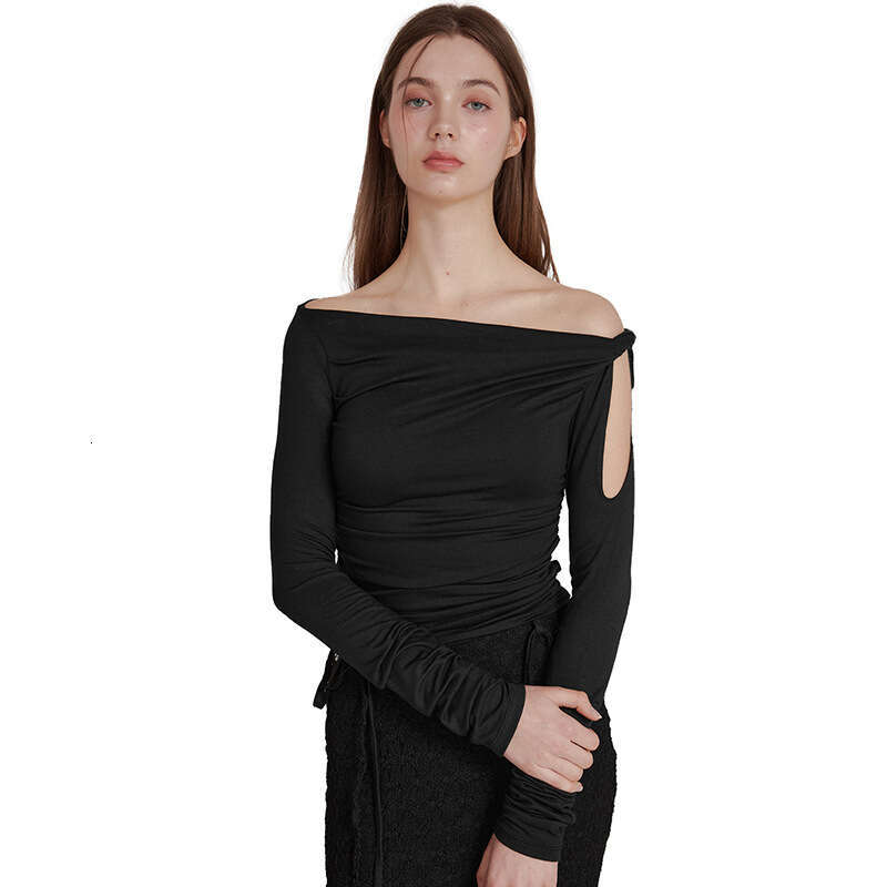 Ytp447 Women's Autumn New Solid Color Asymmetrical Neck Single Shoulder Sexy Tie Long Sleeve Top B5
