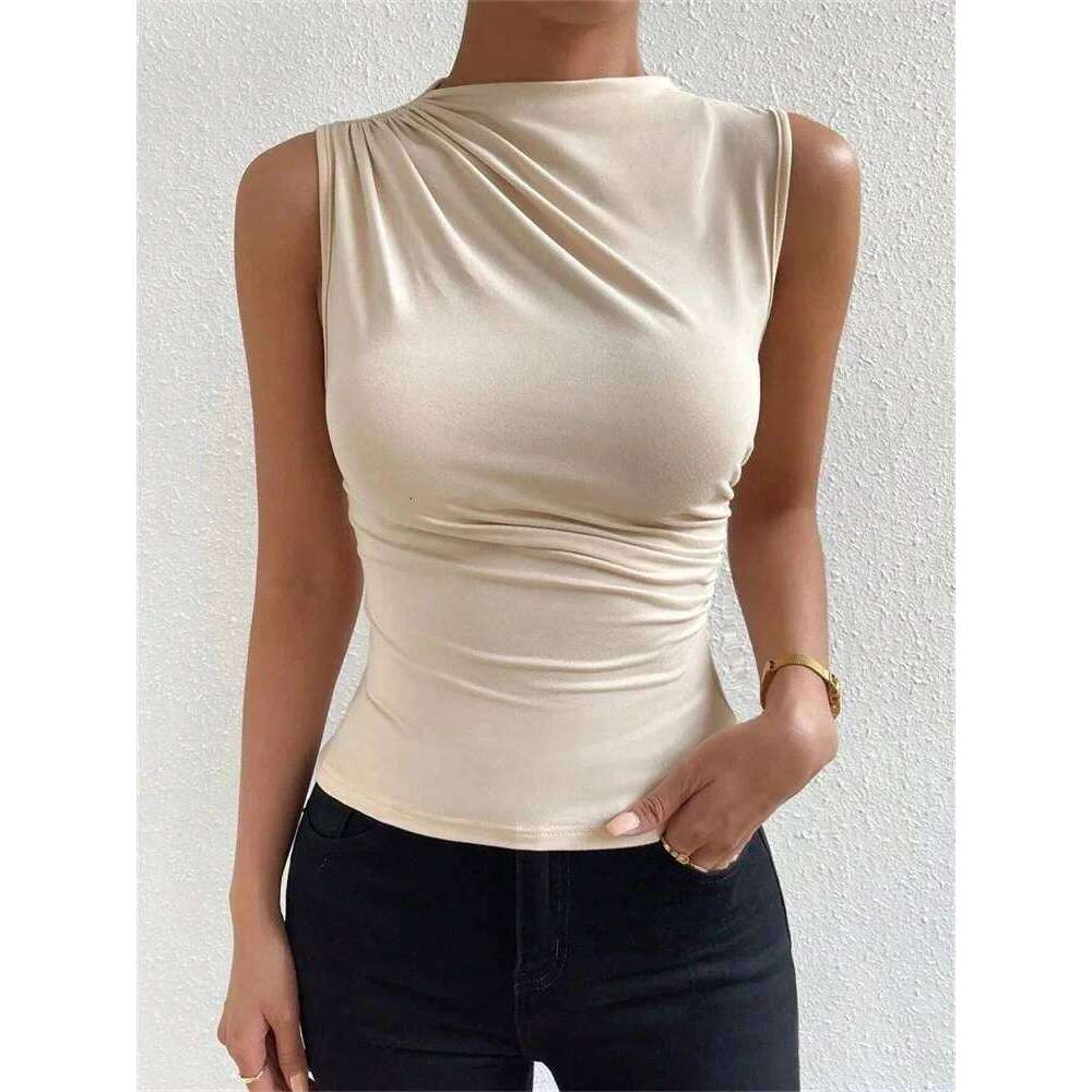 Casual Women's Mock Neck Ruched Tank Top Summer 2025 Solid Color Slim Fit Pleated Sleeveless T Shirt Tee Tshirt Streetwear