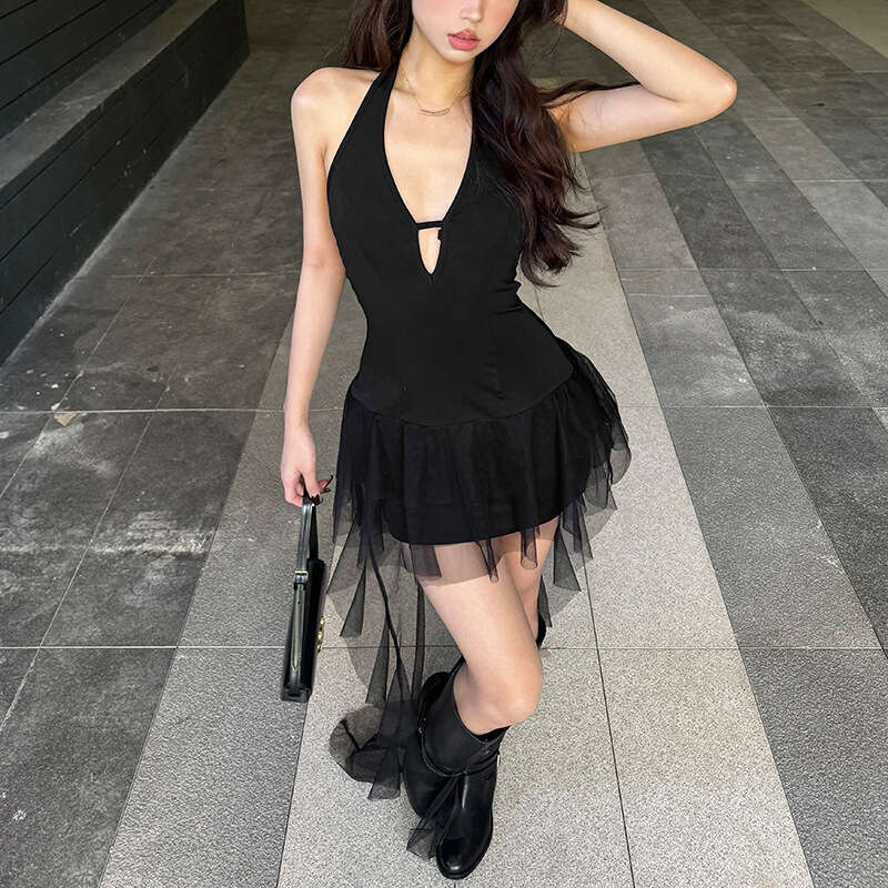 Women's Clothing 2024 Autumn Winter New Solid Color Sexy Halter Slim Waist Tie Dress 66c