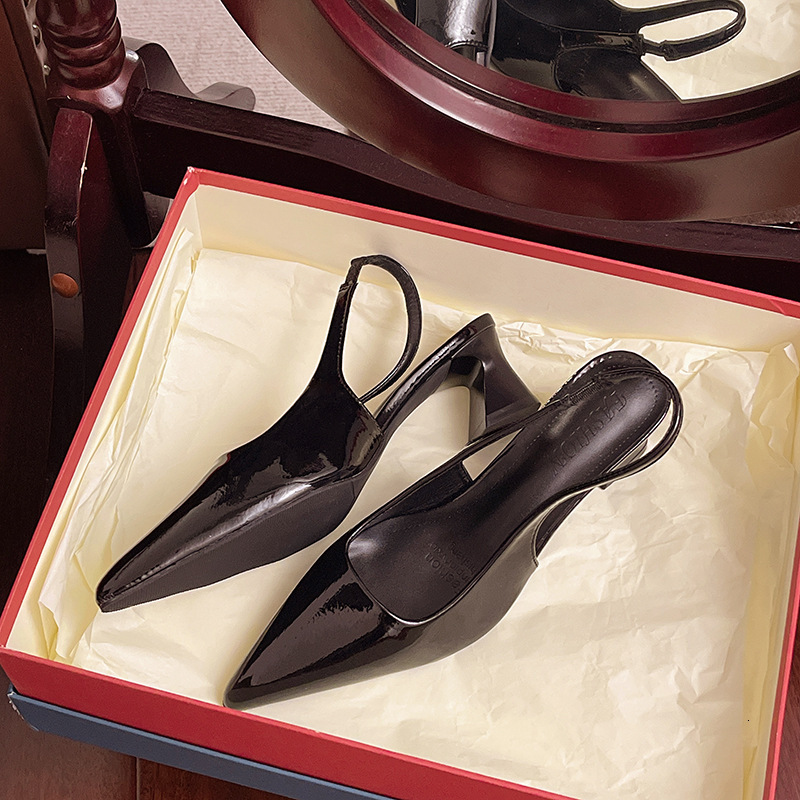 Ddmysports Chunky Heel Sandals For Women Summer New Korean Style Commuter High Heels French Patent Leather End Pointed Toe Single Shoes Outdoor Shoes