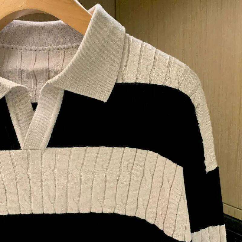 Autumn Winter Men Knitted Polo Striped Turn-Down Collar Shirts Twisted Weaven Patchworked Tops Outwear