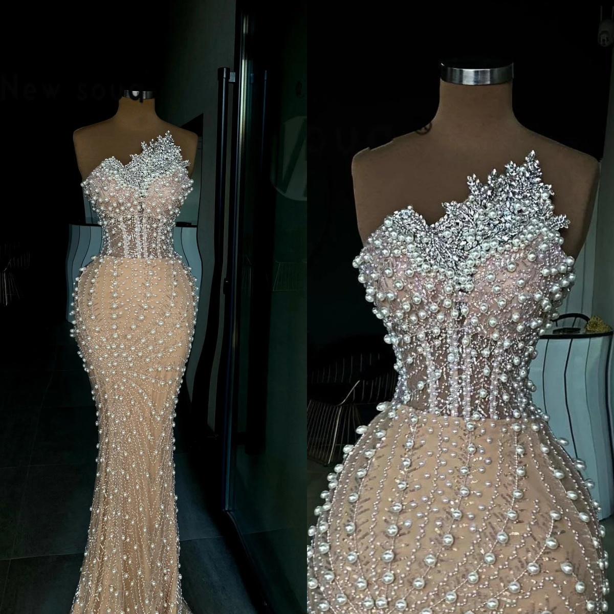 Gorgeous Evening Dresses For Women Strapless Sleeveless Gown Pearls Beaded Sequins Crystal Dress Party Customized Dress