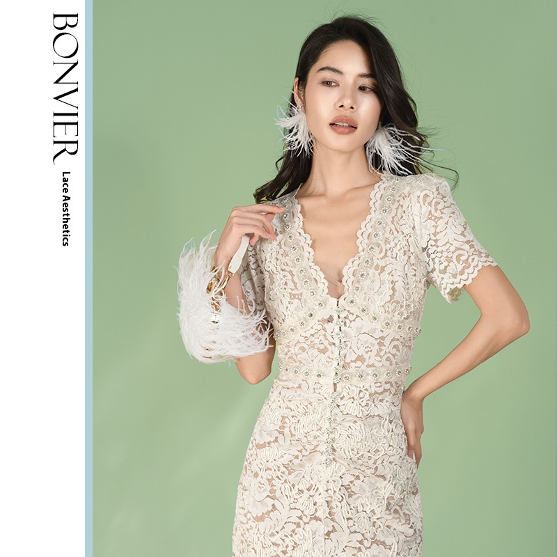 2025 Women Summer Elegant Short Sleeve Hollow Out Pearl Embroidery Midi Long Lace Evening Formal Basic Casual Dresses 6116554