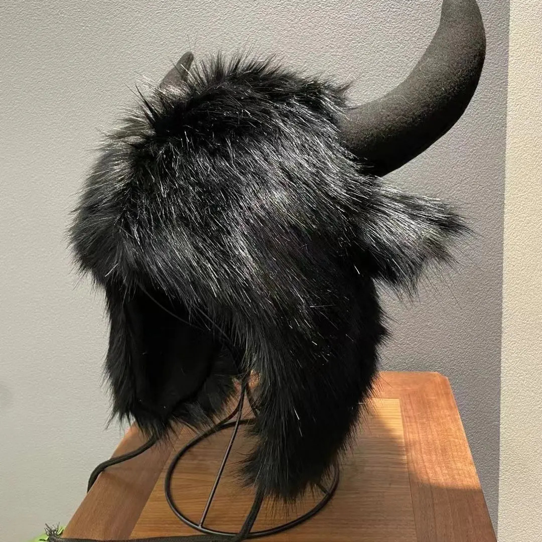 fox fur cow horn decoration beanie winter warm ear protection wind snow for women and men Halloween party cosplay hat 250724