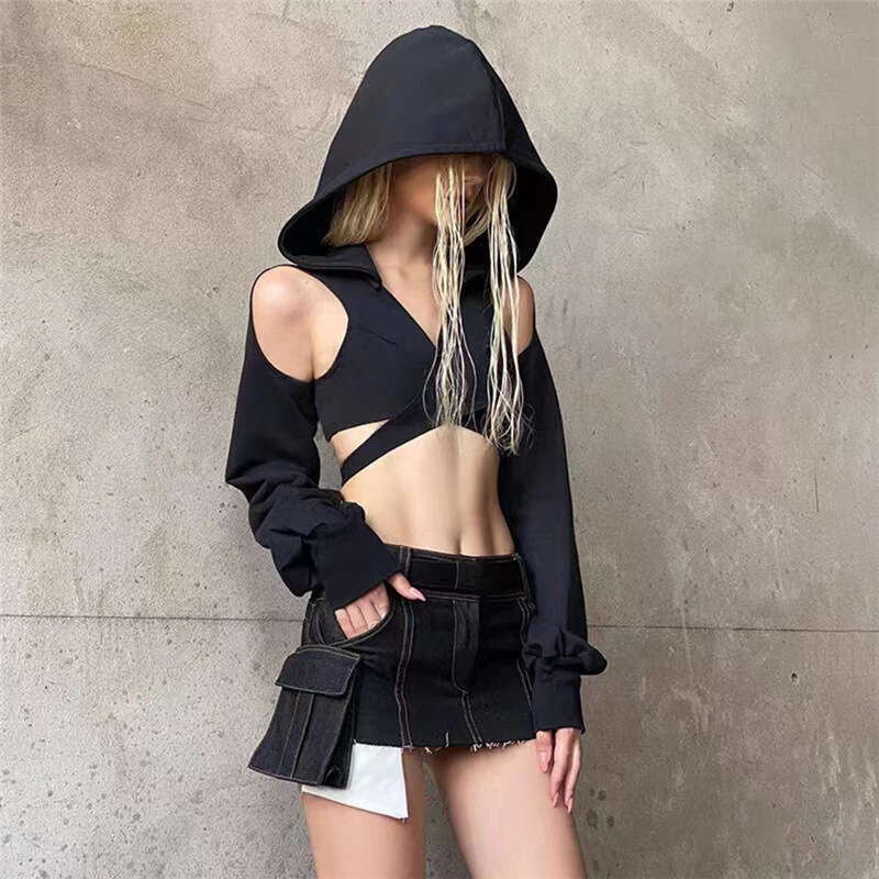2023 Summer New Women's Fashion Solid Color Slim Fit Crop Top Fashionable Hooded Long Sleeve T-Shirt for Women 485