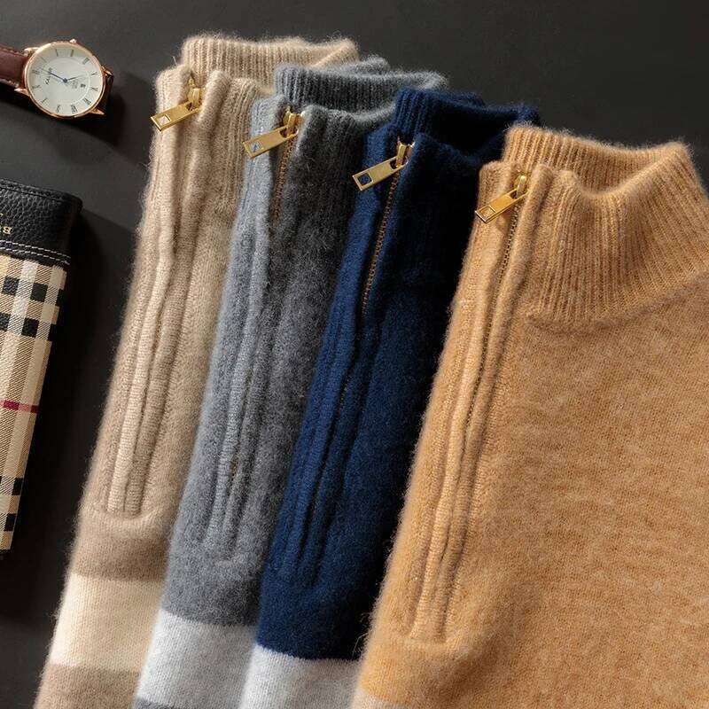 Men's 100% Merino Wool Sweater Half-High Collar Half Zip Thick Pullover Autumn Winter Cashmere Stripe Knitwear Long Sleeved Tops