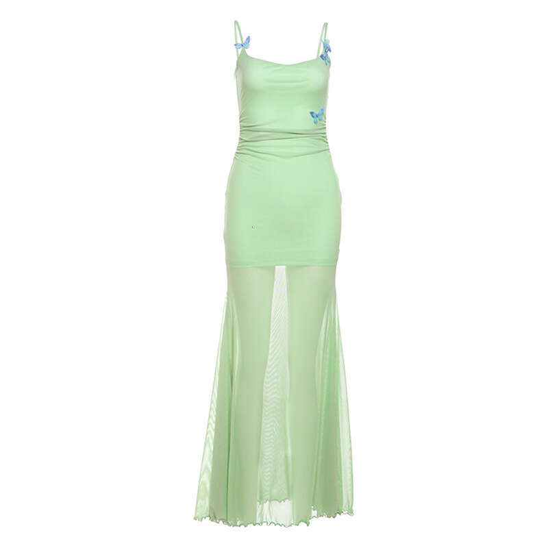 2025 Women's Summer New Solid Color Sexy Strap Off-Shoulder Bodycon Mesh Dress 91f