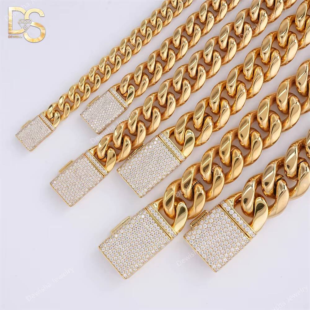 Wholesale Hip Hop Fashion 14k Gold Plated Miami Cuban Chain 6mm-18mm Bracelet and Necklace With Moissanite Clasp