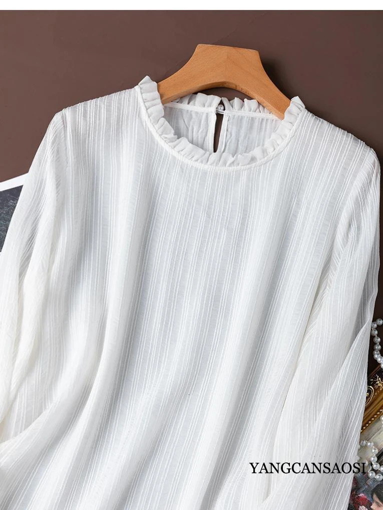 Womens Fashion Natural 50% Natural Mulberry Silk White French Long Sleeve Ear Collar Long Sleeve T-shirt 250714