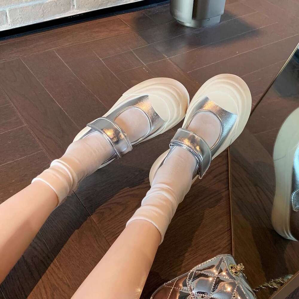 Designer Autumn New Thick-Soled for Women French Style Height Increasing Velcro Mary Jane Shallow Mouth Silver Single Shoes