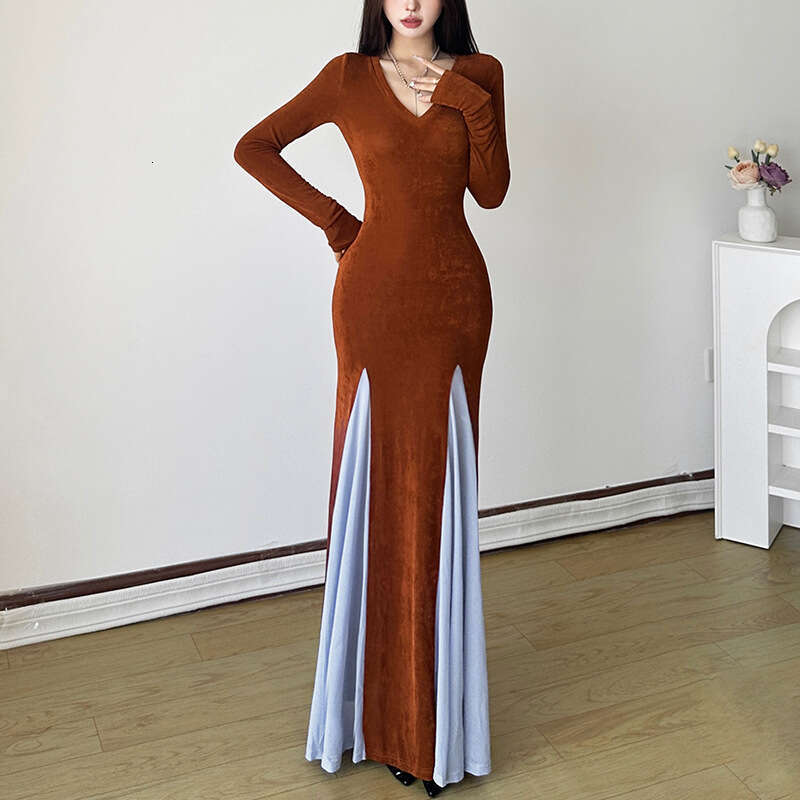 2024 Autumn New Fashion Solid Color Long Sleeve V-Neck Sexy Slim Fit Slit Dress df5