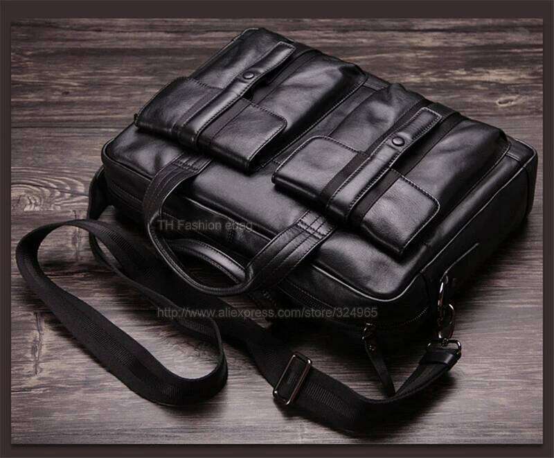 Men Genuine Business bag Leather Laptop 15.6"inch Office Bag Briefcase male portfolio men Black OLOEY