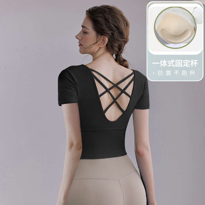 SXZY Fitness Yoga High-End Sports Bra Shockproof Short Sleeve with Chest Pads Quick-Dry Tight-Fitting Top for Women