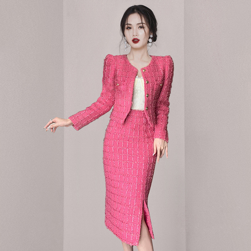 Womens Two Piece Dress Sets With Cinched-Waist Jacket and Mid-Length Body-Hugging Skirt for Women