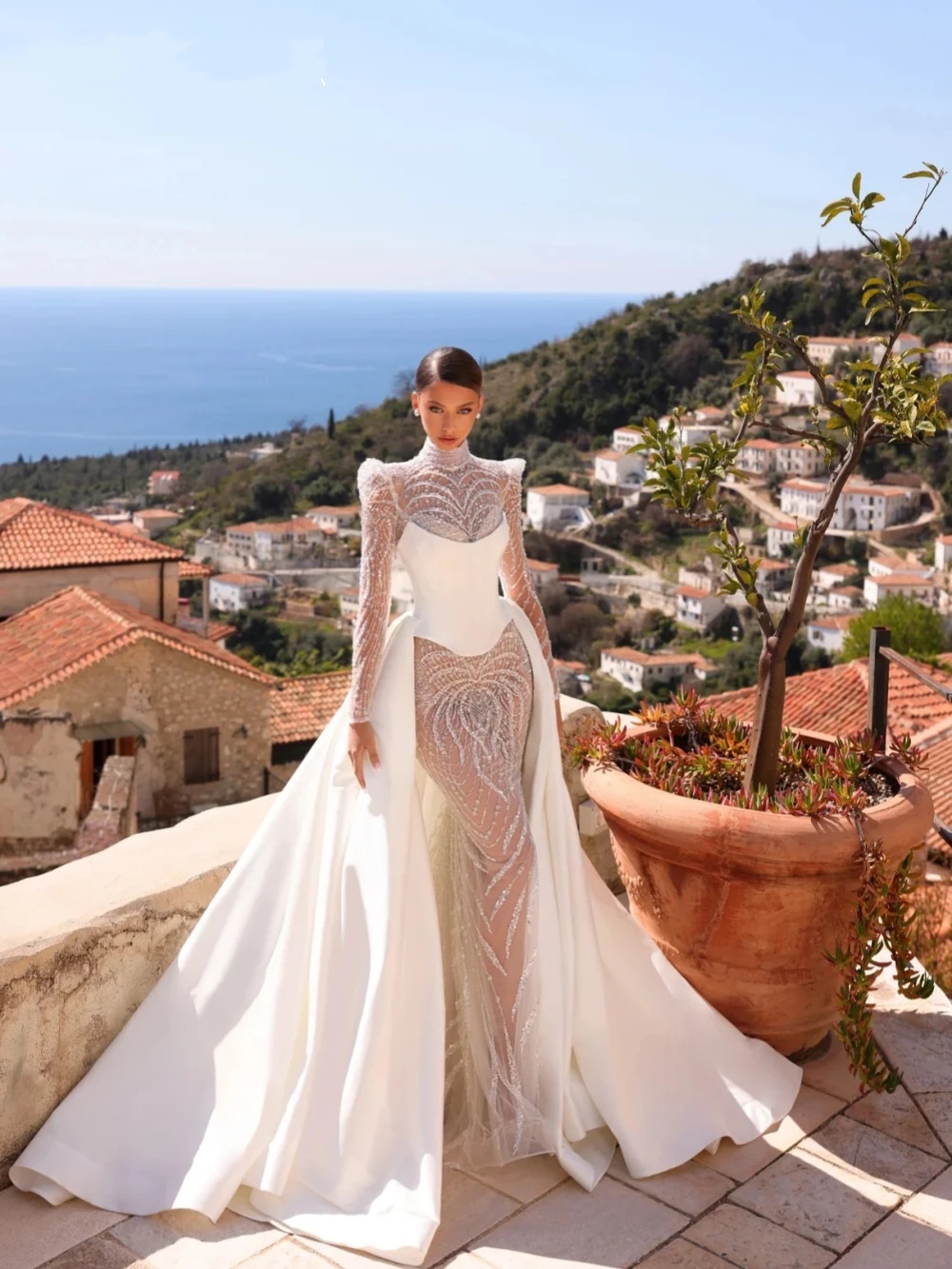 Stylish Wedding Dresses Sequins High Neck Bridal Gowns with Overskirt Long Sleeves Illusion Princess Mermaid Customized Vestidos De Novia Plus Size