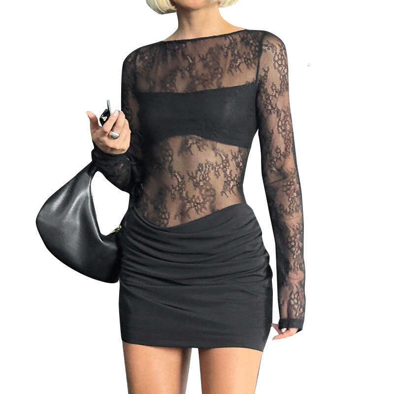 Yds3 Women's Summer New Solid Color Long Sleeve Sexy Bodycon Lace Patchwork Dress B5