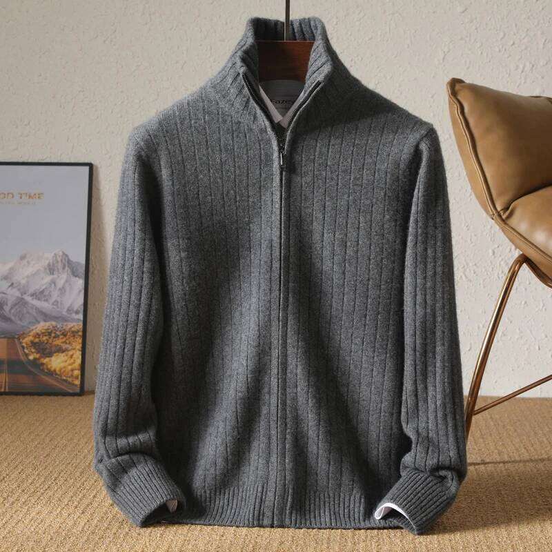 100% Merino Wool Stand-Up Collar Cardigan Casual Knit Business Zipper Coat Autumn Winter Versatile Warm Men Cashmere Jacket