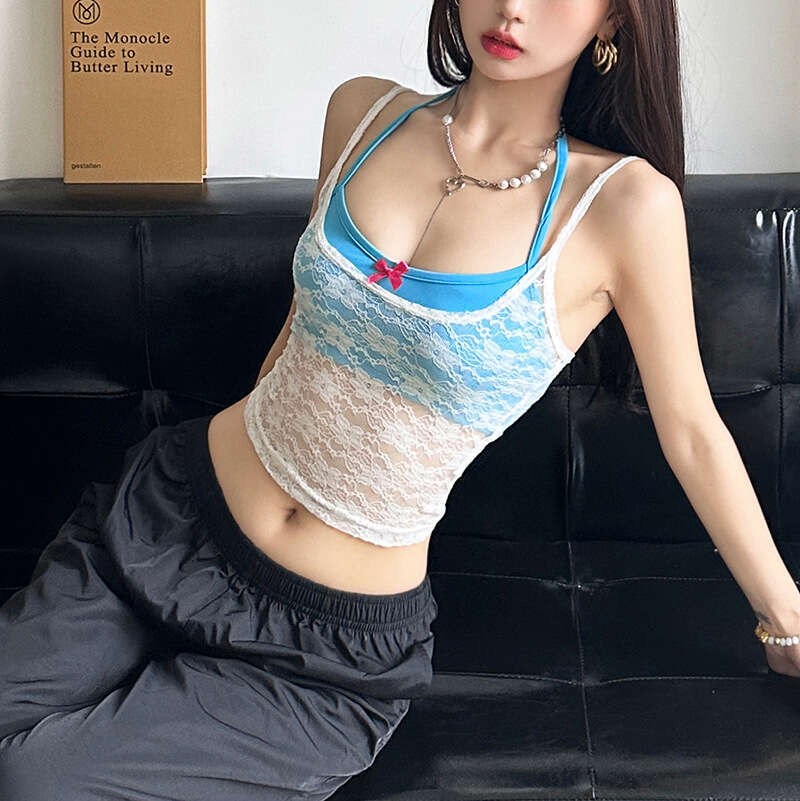 2024 Summer New Women's Sexy Mesh Strap Solid Color Halter Neck Tube Top Two-Piece Set 37e