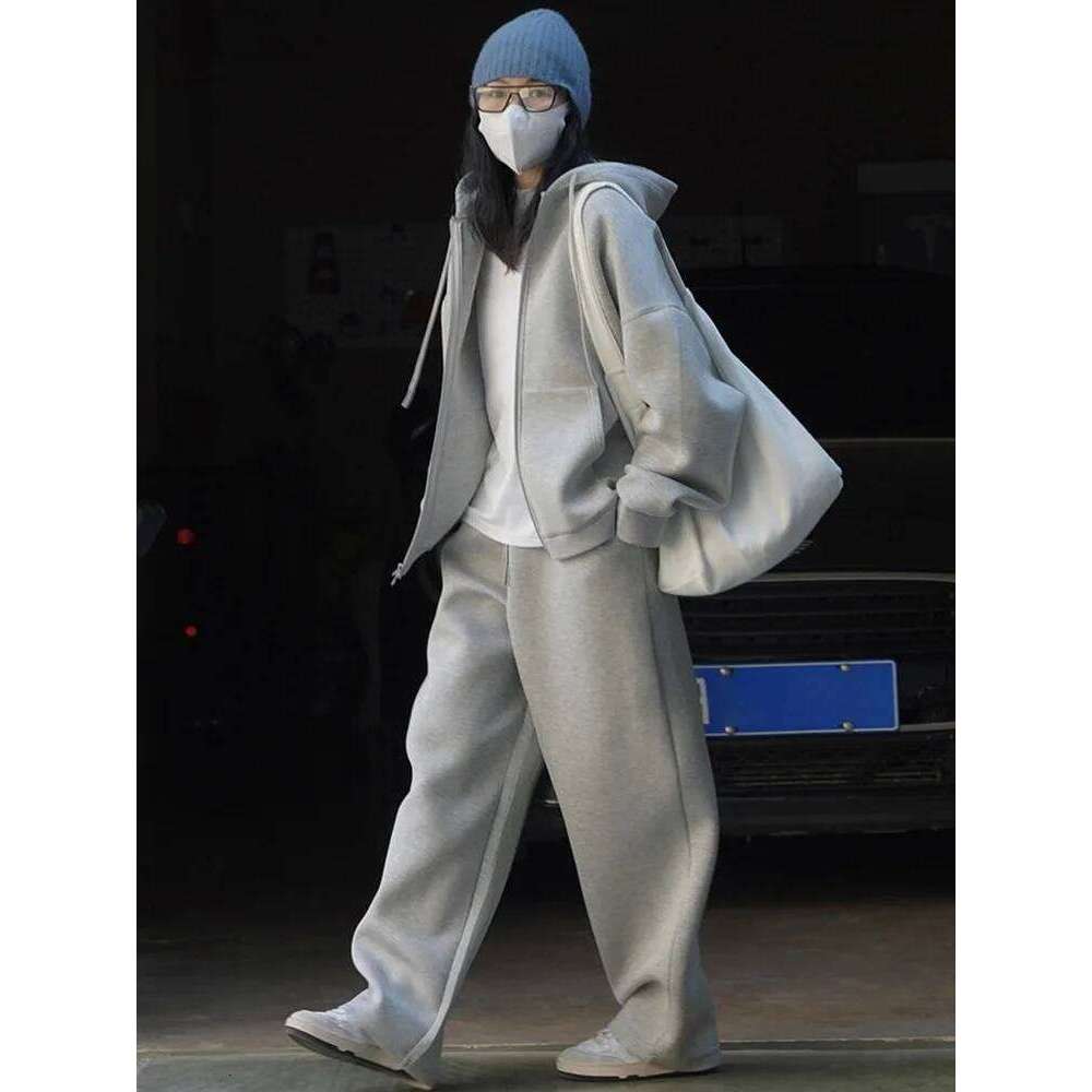 Spring Autumn Fashion Two-Piece Set Women Grey Tracksuit Hooded Sweatshirt Coat+Drawstring Wide Leg Sweatpants Sport Suits
