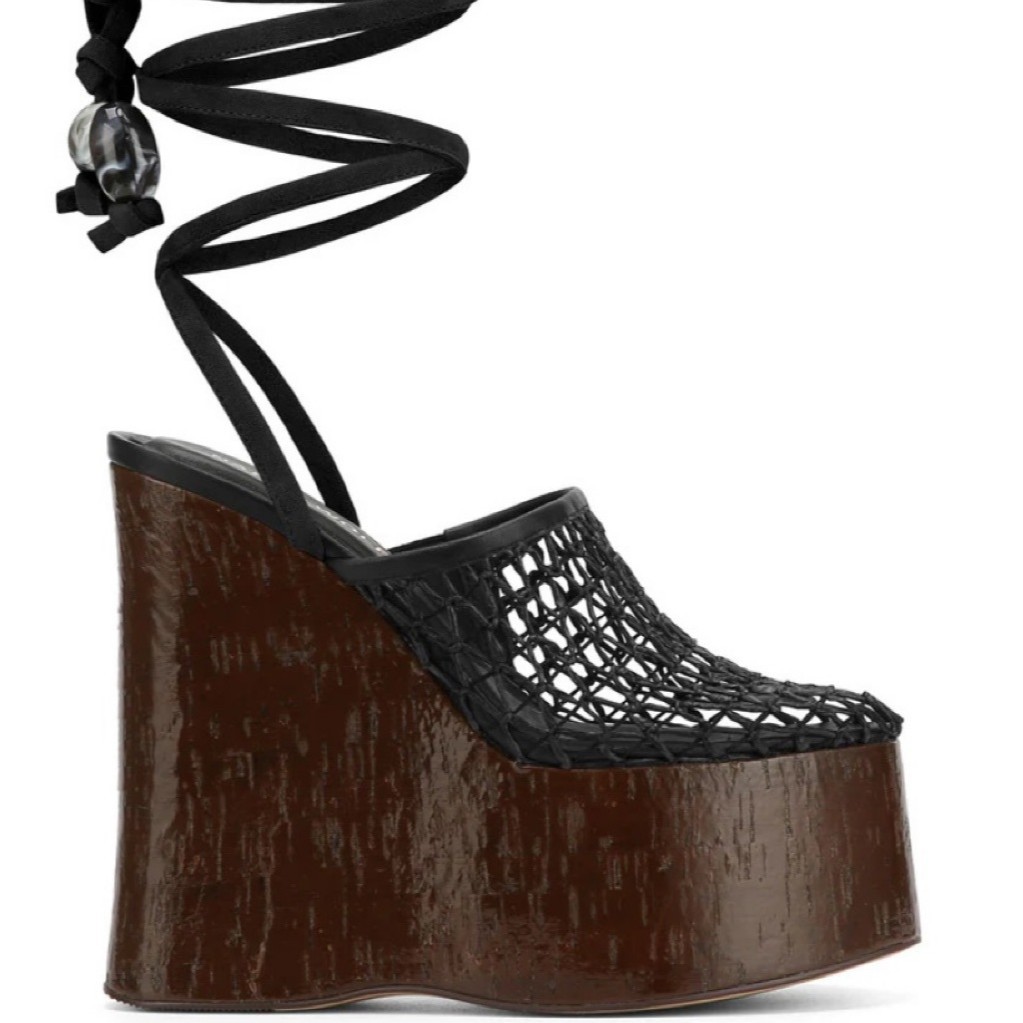 Women's 13cm Wood Grain Platform Fishnet Sandals - Adjustable T-Strap, Chunky Heel, Summer Festival Shoes (Nude/Black)