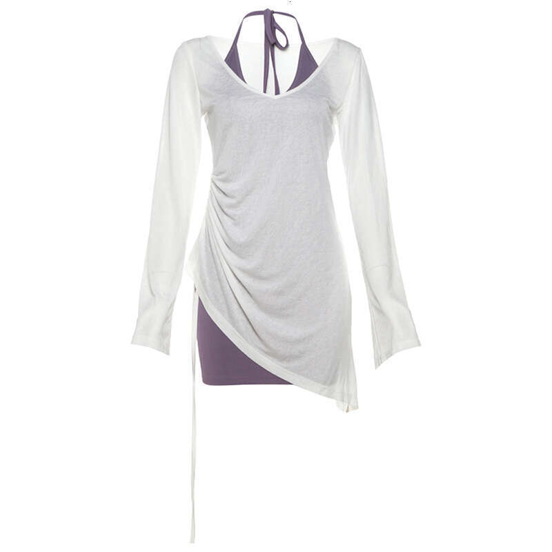 2024 Women's Autumn Solid Color Long Sleeve Loose Blouse Sexy Strap Halter Dress Two-Piece Set 307