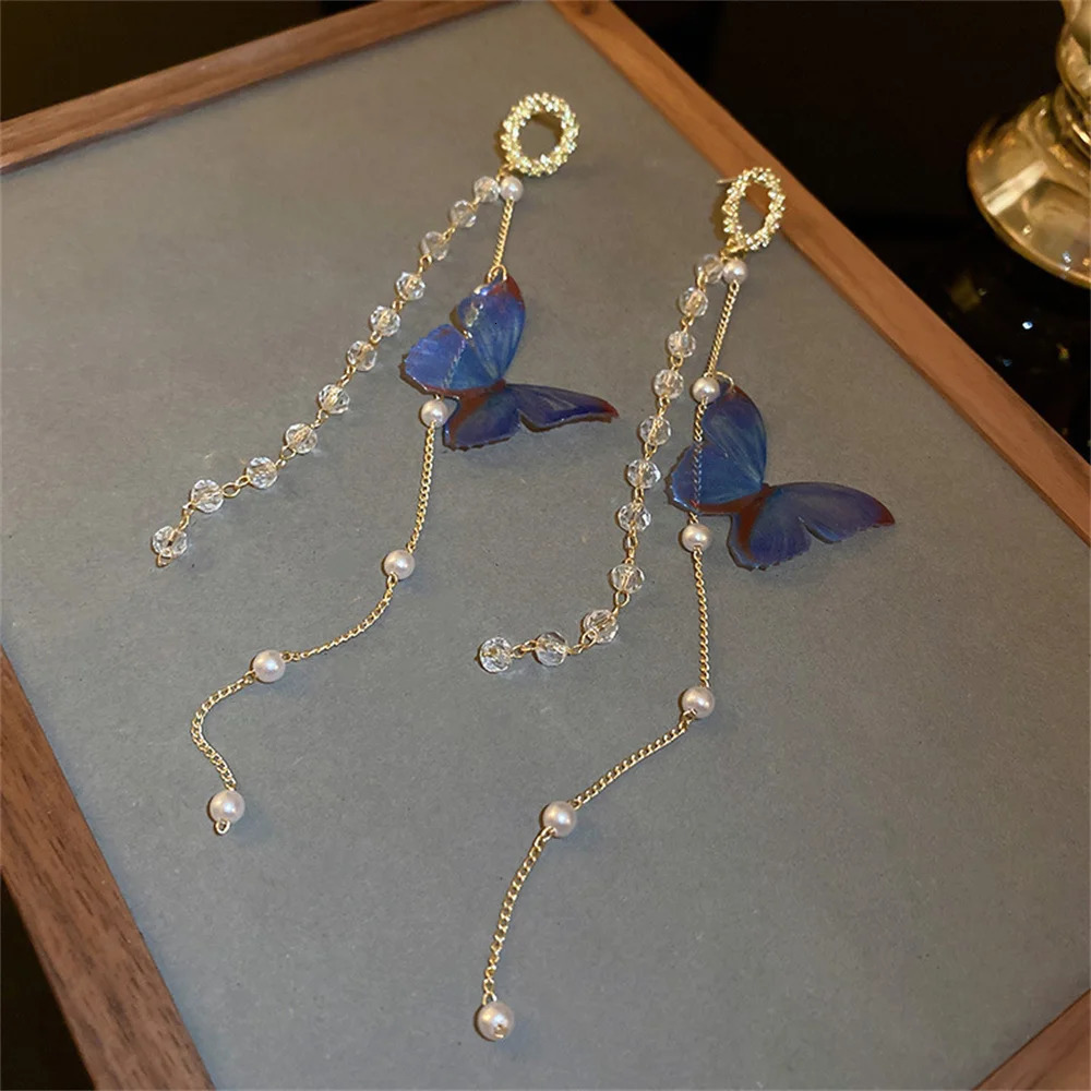 Women Zircon Crystal Pearls Long Tassel Butterfly Earrings Stud Dangle Jewelry Gifts 250715