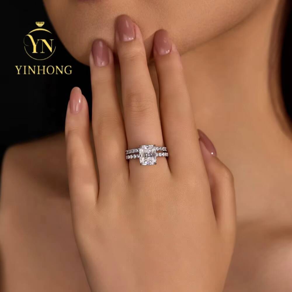 Hot Sale Simulated Diamond Moissanite Ring 925 Sterling Silver White Gold Wedding Ring Set