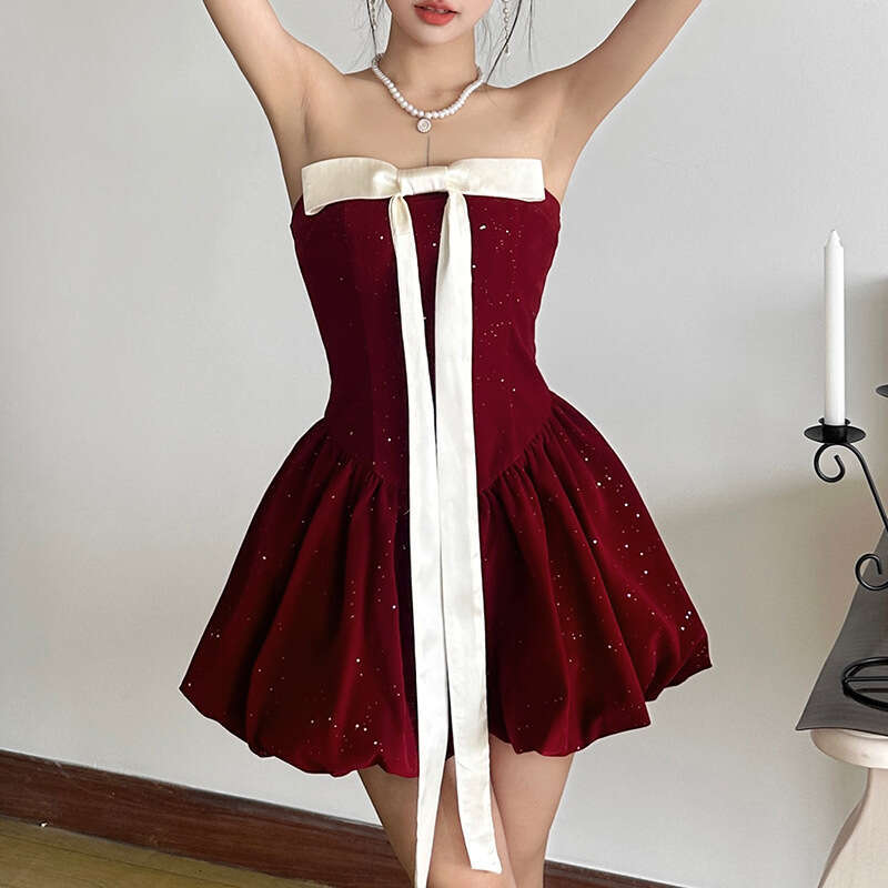 2024 Autumn Winter New Women's Solid Color Slim High Waist Fashion Off-Shoulder Tube Dress 2af