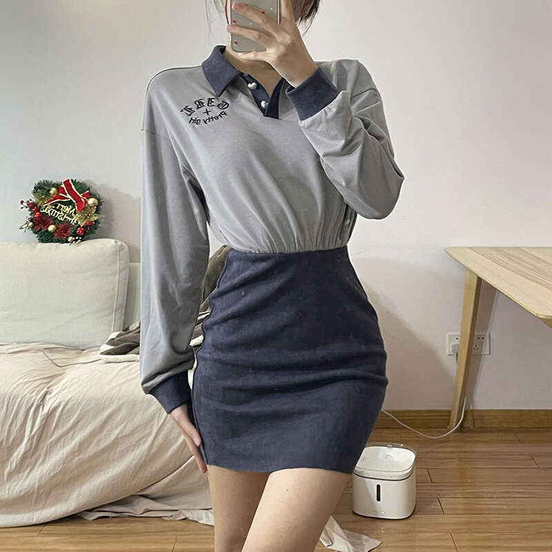 Trendy 2022 Spring New Women's Fashion Color-Block Long Sleeve Turn-Down Collar Bodycon Dress 4d0