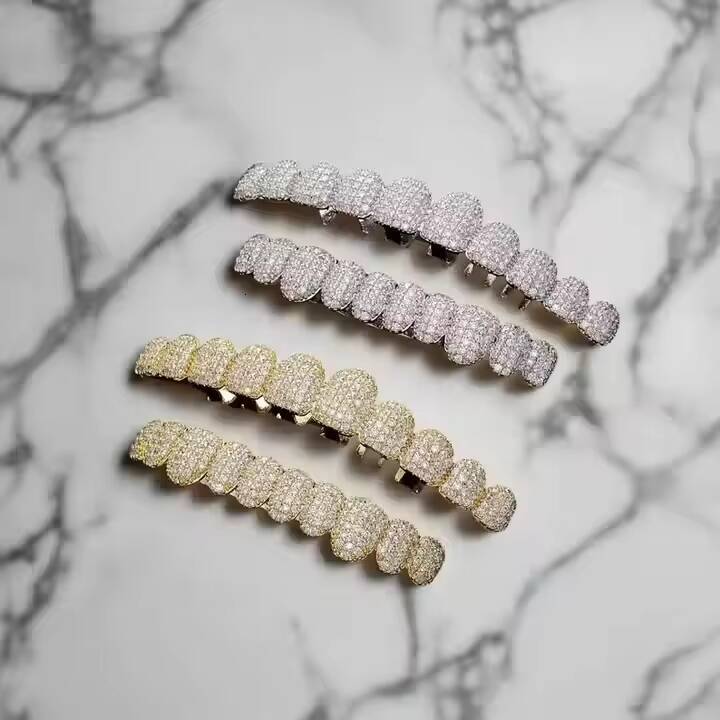 Engraved Design 10K Gold Plated Moissanite Round Cut Diamond Fine Grillz with Deep and Glossy Finish For Gifting Some One