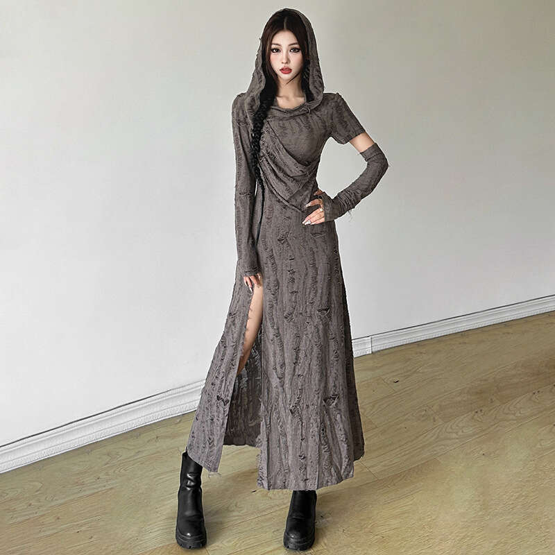 2024 Autumn New Women's Solid Color Slim High Waist Fashion Hooded Long Sleeve Split Dress a22