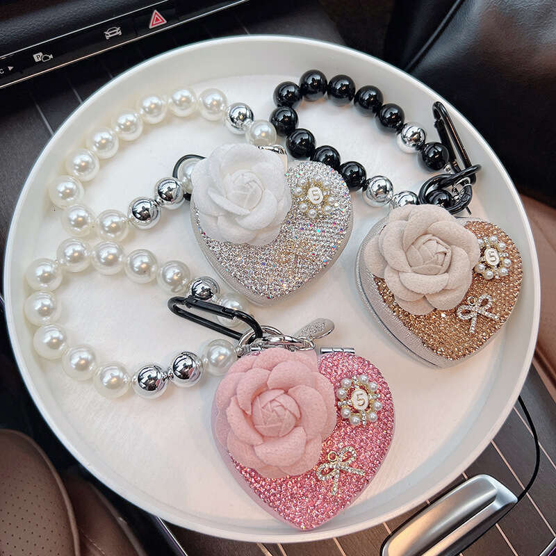 New Camellia Heart with Rhinestones Portable Folding Mirror Car Keychain Beaded Bag Pendant
