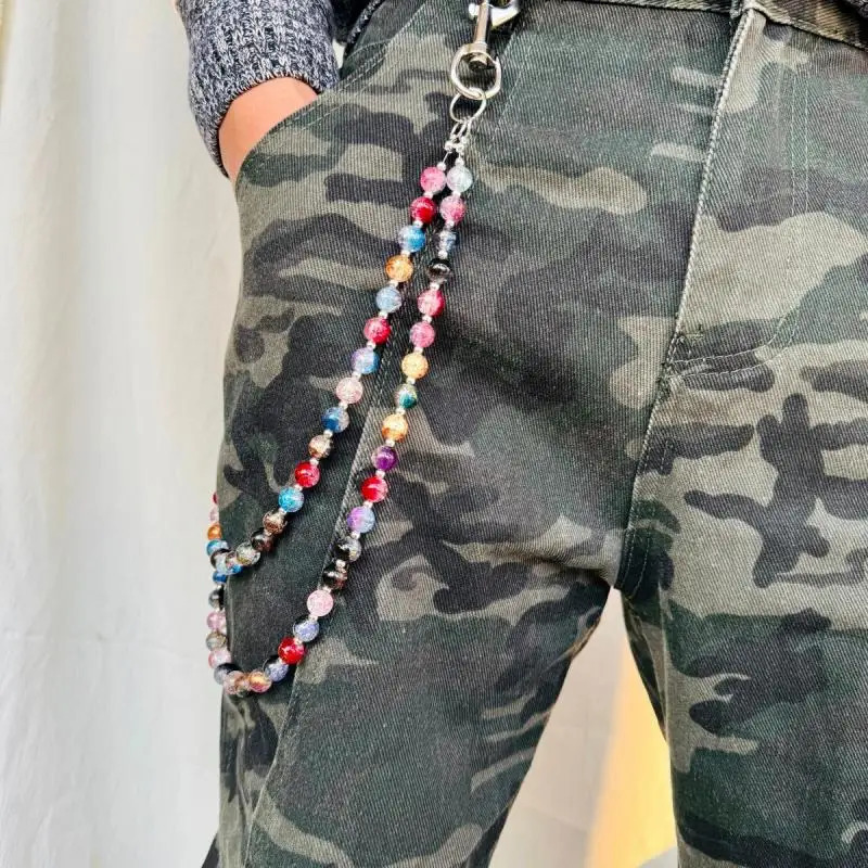 Original punk style pants chain colorful beads double-layer mixed color niche 250722