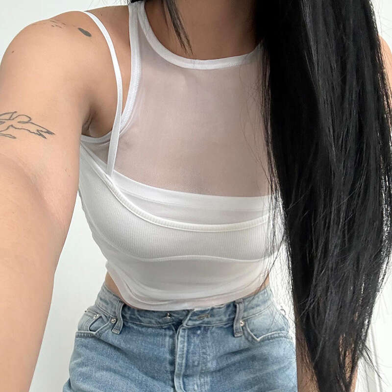 Women's Summer New Solid Color Round Neck Mesh Cover-Up Sexy Tube Top Two-Piece Set d90
